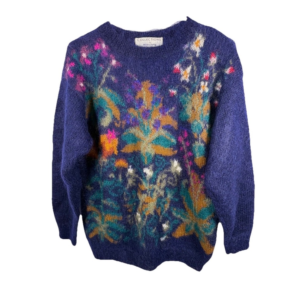 Vintage 80s Michelle Stuart Sweater Mohair Blend Floral Purple S Colorful Artsy